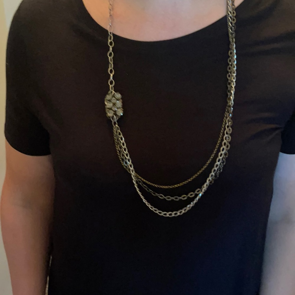 Long Layered Necklace with Crystal Cluster-Silver